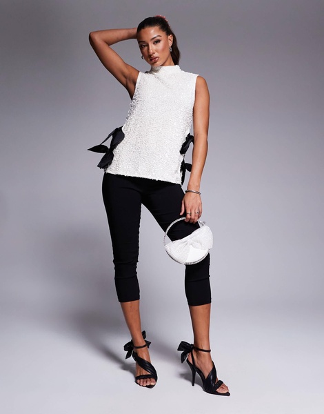 River Island sequin top with side bow detail in white