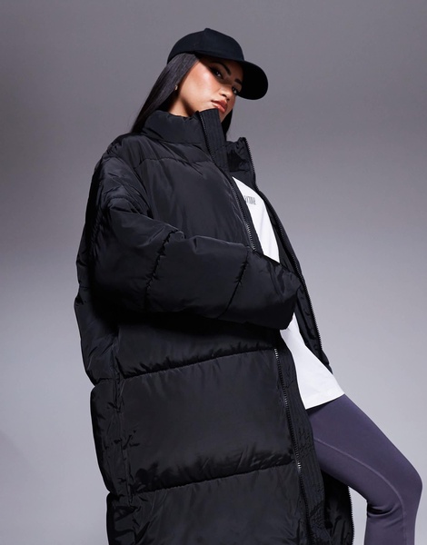 Weekend Collective maxi padded coat with back graphic in black