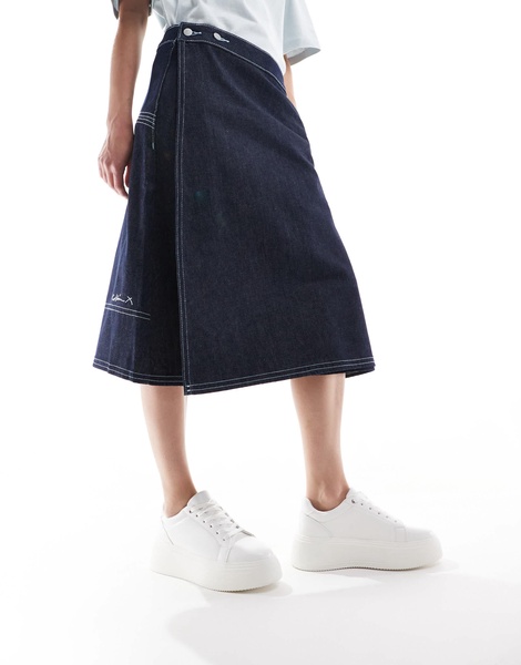 COLLUSION denim midi wrap skirt in raw denim