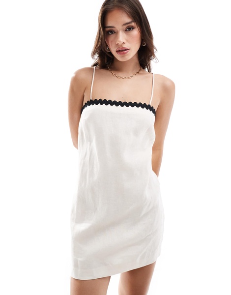 Mango linen contrast trim mini dress in white