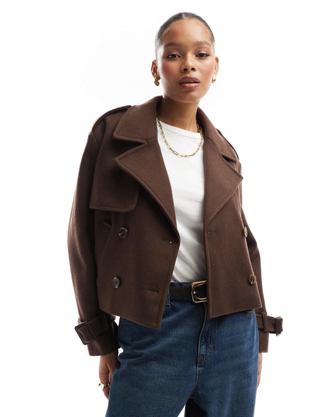 Bershka cropped wool look trench coat in chocolate