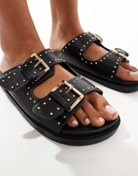 Truffle Collection wide fit double strap studded footbed sandals in black