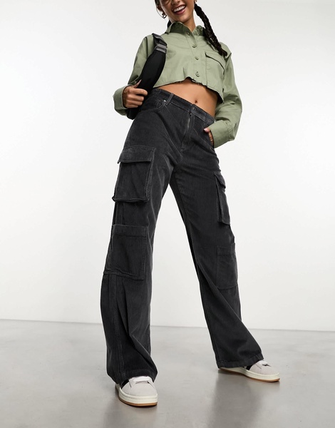 Cotton On corduroy cargo wide leg jeans in dark ash