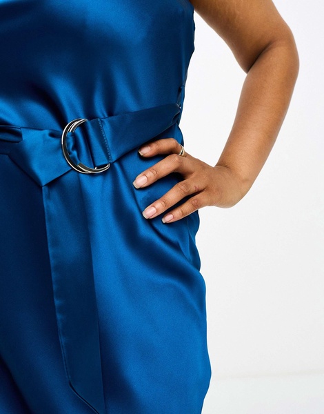 River Island Plus belted satin slip midi dress in blue