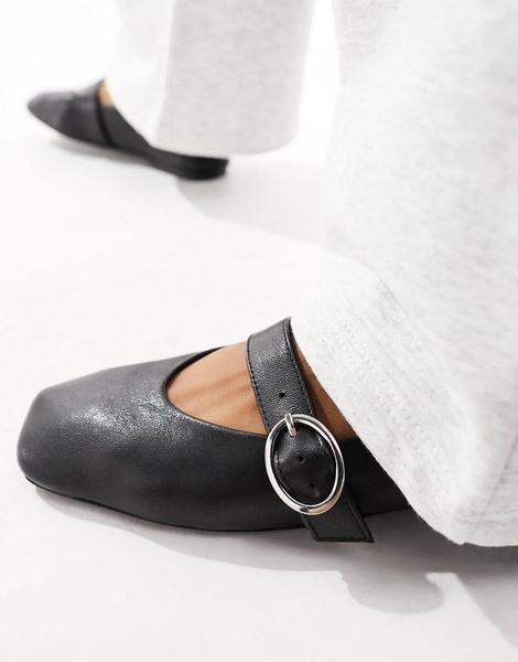 ASOS DESIGN Wide Fit Luxe Premium Leather Mary Jane ballet flats in Black