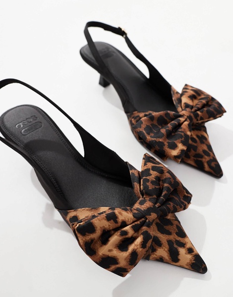 ASOS DESIGN Secret bow slingback kitten heel shoes in leopard