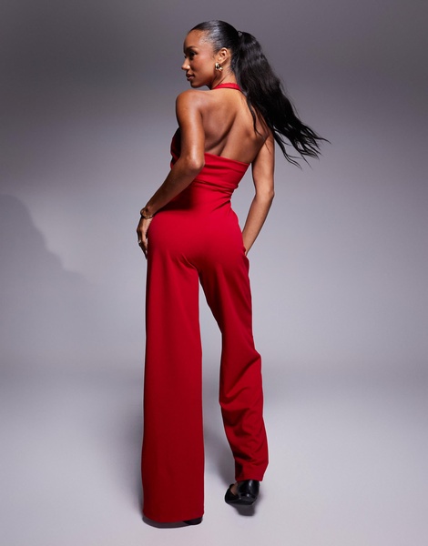 River Island Halter neck vest jumpsuit in red