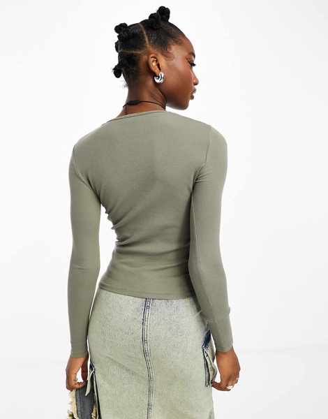 Cotton On ribbed long sleeve top in woodland khaki