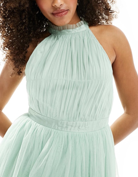 Vila Bridesmaid halterneck tulle maxi dress with tiered skirt in mint green