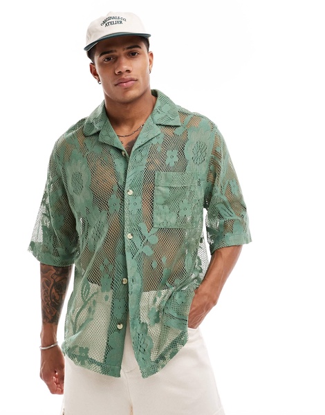 ASOS DESIGN short sleeve relaxed camp collar lace shirt in sage green