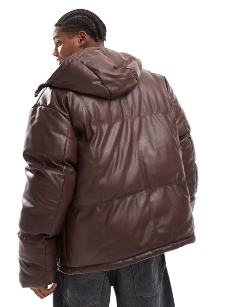 ASOS DESIGN faux leather puffer jacket with hood in brown