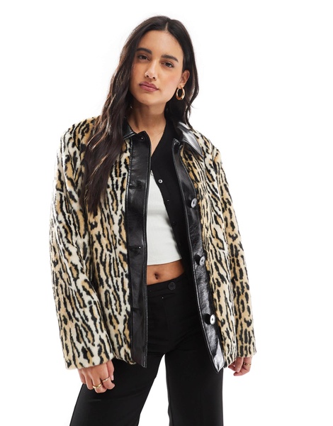 ASOS DESIGN leather collar faux fur jacket in leopard