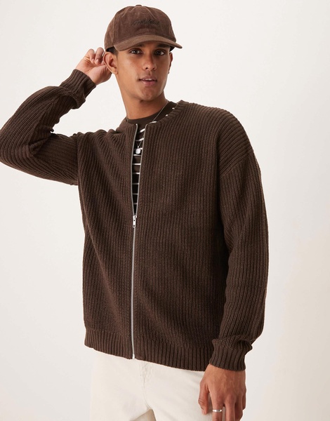 ASOS DESIGN knitted relaxed fisherman rib zip up bomber sweater in brown