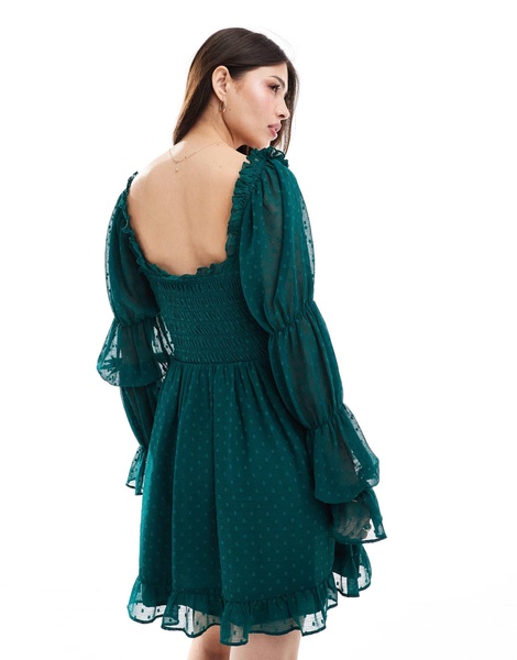 ASOS DESIGN textured milkmaid long sleeve sleeve shirred waist mini dress in pine green