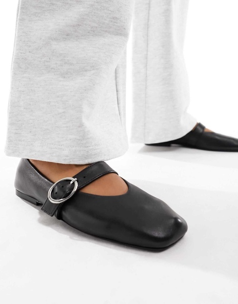 ASOS DESIGN Wide Fit Luxe Premium Leather Mary Jane ballet flats in Black