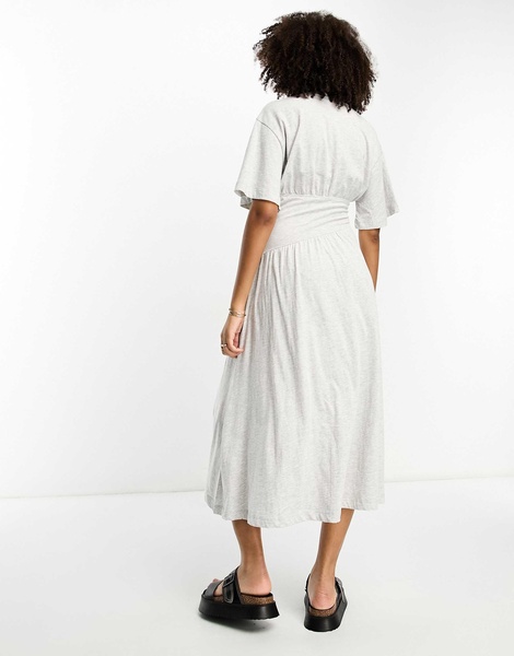 River Island jersey smock midi dress with cinched waist in light gray