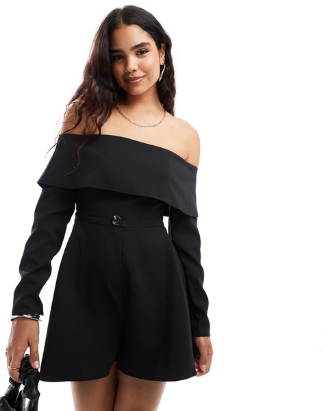 ASOS DESIGN tailored off the shoulder romper in black