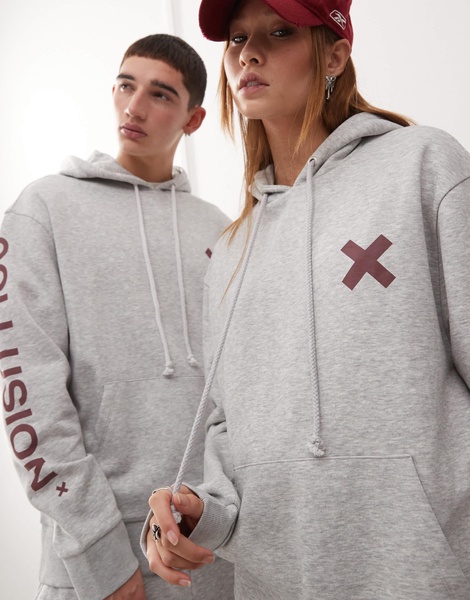 COLLUSION Unisex logo hoodie in heather gray with burgundy print