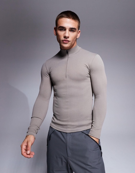 ASOS 4505 Ski seamless thermal base layer 1/4 zip top in clay