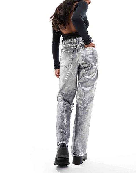 River Island 90s straight leg coated jeans in silver