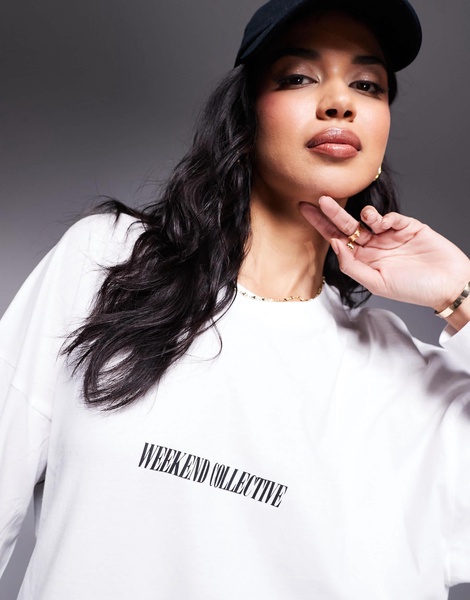 Weekend Collective oversized long sleeve t-shirt with stacked back logo in white