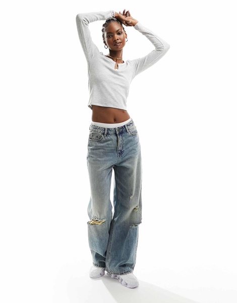 Cotton On notch front long sleeve waffle crop top in gray