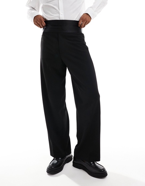 ASOS DESIGN wide leg tuxedo pants with cummerbund waistband in black