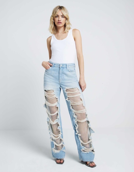 River Island bejeweled super distressed straight leg jeans in lightwash blue