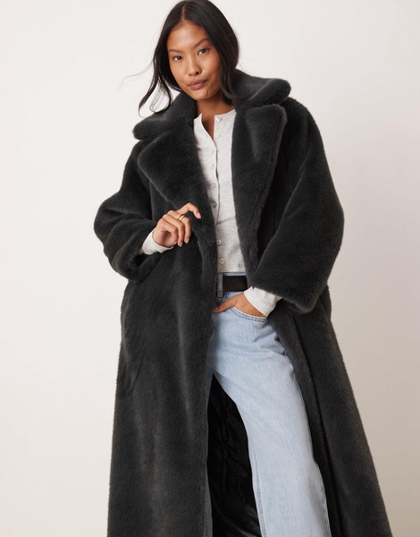 ASOS DESIGN Petite longline belted faux fur coat in forest green