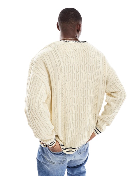 ASOS DESIGN oversized cable knit cricket sweater in cream with navy tipping