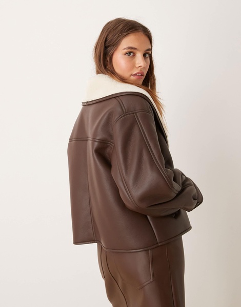 ASOS DESIGN shawl collar cropped shearling jacket in brown