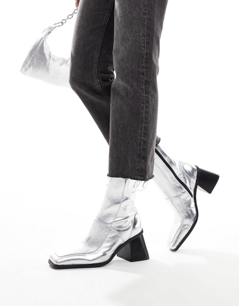 ASOS DESIGN Ria mid-heel leather boots in silver