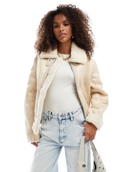 Bershka faux shearling trim aviator jacket in cream contrast