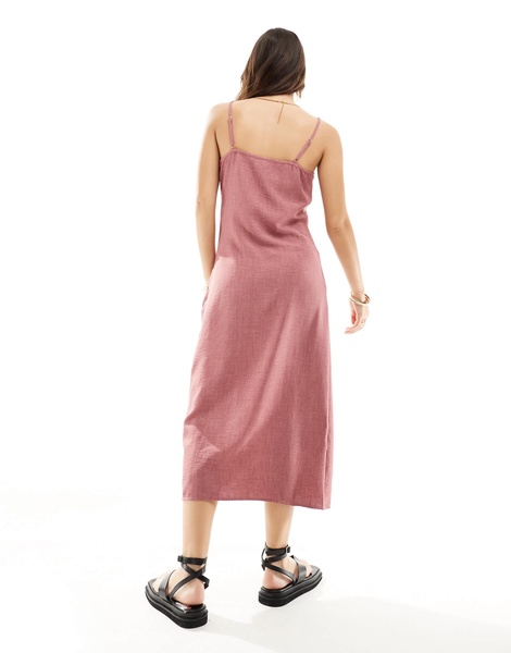 Vila linen touch cami midi dress with slit front in dusky pink