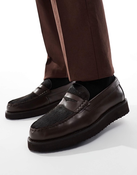 ASOS DESIGN penny loafers in brown leather with fur detail