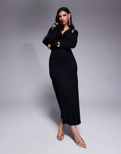 ASOS DESIGN cowl neck long sleeve midi dress with cut outs in black