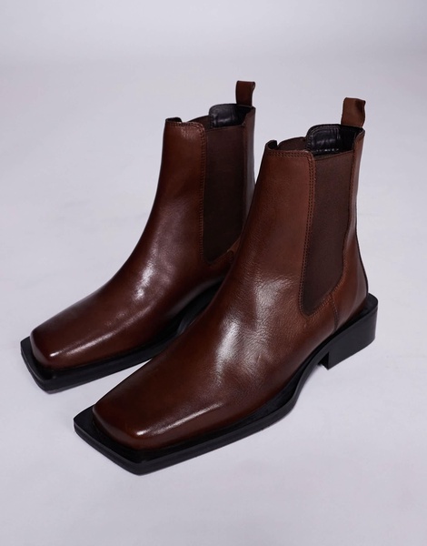 ASOS DESIGN heeled chelsea boots in brown leather with square toe