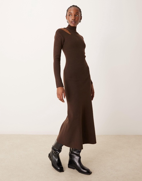 River Island cut out turtle neck midi dress in dark brown