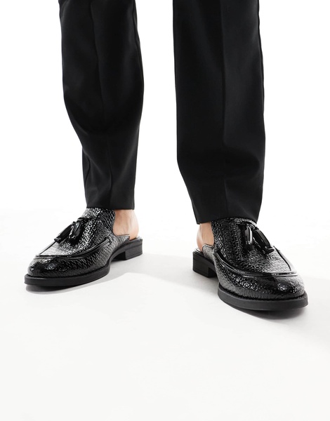 ASOS DESIGN mule loafers in black patent with weave detail