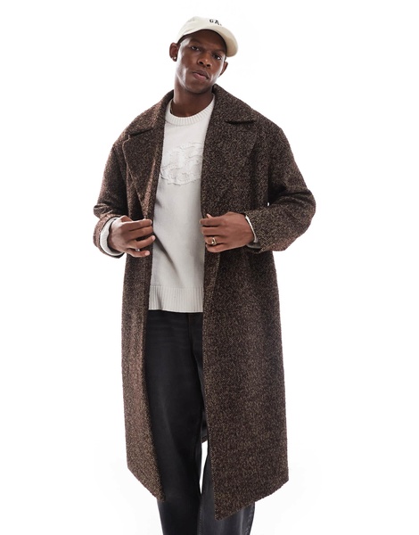 ASOS DESIGN oversized wool look overcoat in brown salt and pepper