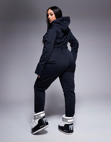 ASOS 4505 Curve belted ski suit with skinny leg and hood in black