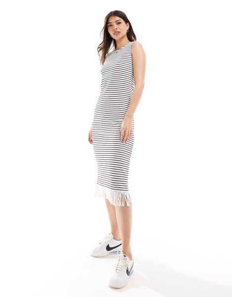 Vila ribbed midi tank dress with fringed hem in mono stripe