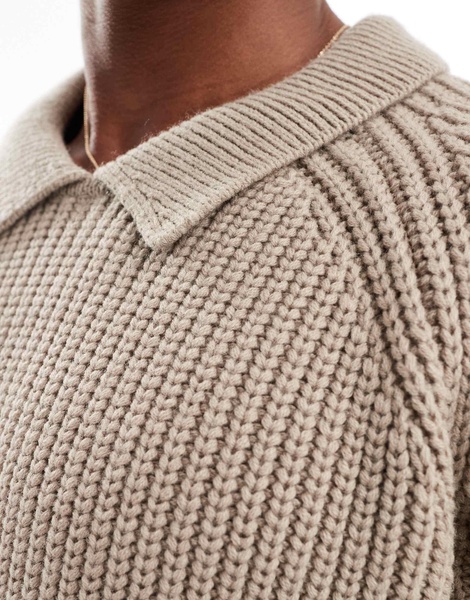 ASOS DESIGN oversized boxy fit heavyweight knitted wool mix cable sweater with collar in taupe