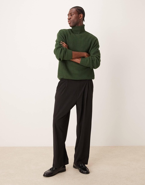 ASOS DESIGN oversized knit fisherman rib roll neck sweater in dark green