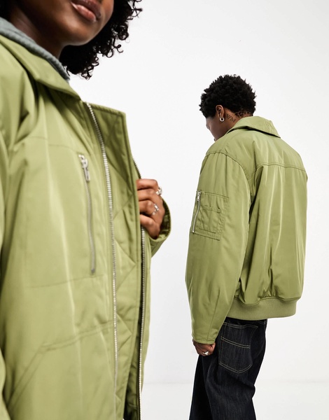 COLLUSION Unisex nylon oversized harrington bomber jacket in khaki