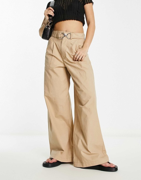 River Island belted wide leg pants with hardware detail in beige