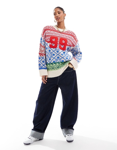 ASOS DESIGN oversized patchwork fairisle festive sweater in blue and red