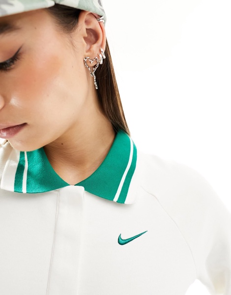 Nike cropped long sleeved polo top in white and green