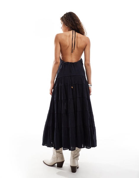 Free People square neck tiered midaxi dress in black