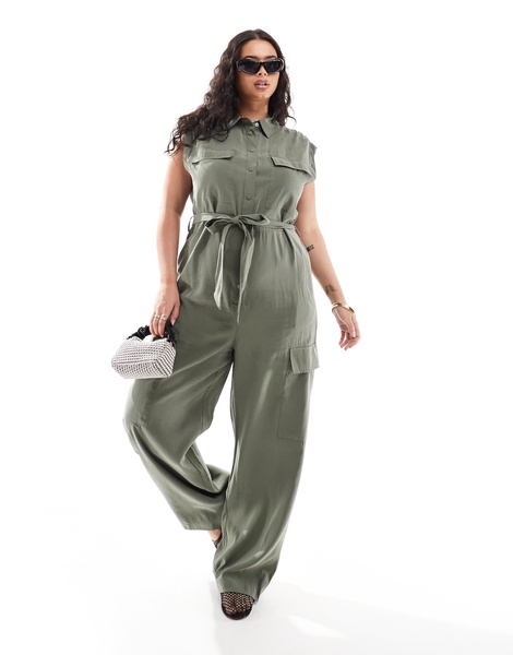 Mango Curve sleeveless tie waist jumpsuit in khaki